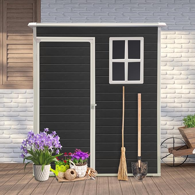 JT 5×3ft Resin Outdoor Storage Shed,Outdoor Storage Shed with Floor & Window to Store Patio Furniture, Garden Tools Bike Accessories, Beach Chairs and Lawn Mower. (Black, 5ft*3ft)
