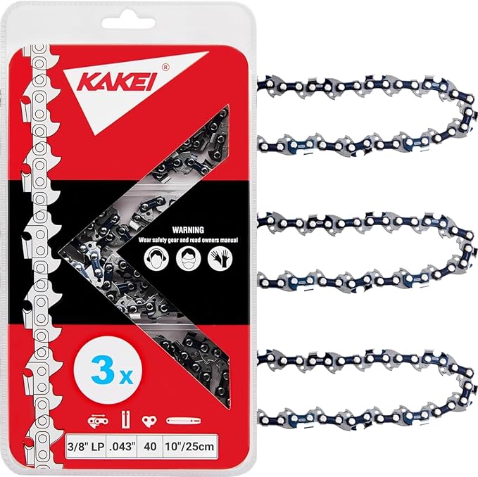 KAKEI 10 Inch Chainsaw Chain 3/8" LP Pitch .043" Gauge 40 Drive Links, Fits Milwaukee M18 FUEL Pole Saw, Ryobi P546, Worx WG322, LCS1020, CMCCS610D1 - R40 (3 Chains) - Semi Chisel