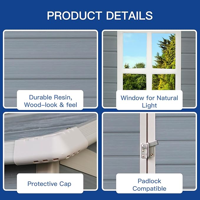 JT 4×6ft Resin Outdoor Storage Shed,Outdoor Storage Shed with Floor & Window to Store Patio Furniture, Garden Tools Bike Accessories, Beach Chairs and Lawn Mower. (4ft×6ft)