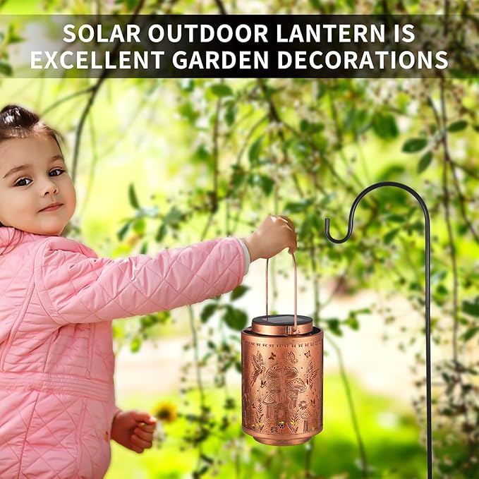 2 Pack Solar Lanterns Outdoor Waterproof Garden Decor Gifts for Women Mon Grandma Metal Hanging Solar Lights Decoration for Outside LED Lanterns for Yard Patio Lawn(Mushroom)