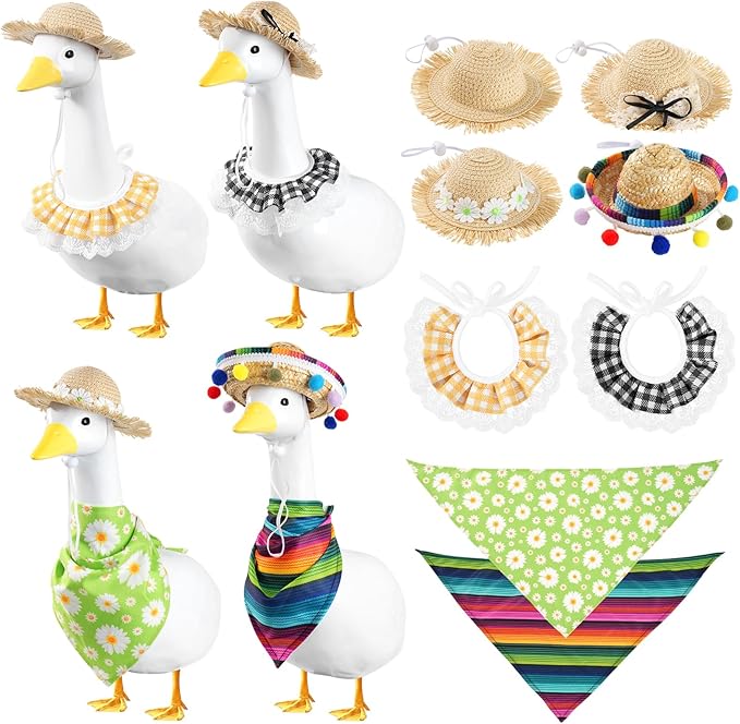 4 Set Porch Goose Outfits for 23"& 17" Goose Statue, Straw Hats & Bow Tie Porch Goose Cloth Set for Outdoor Yard, Garden and Lawn Patio Decor