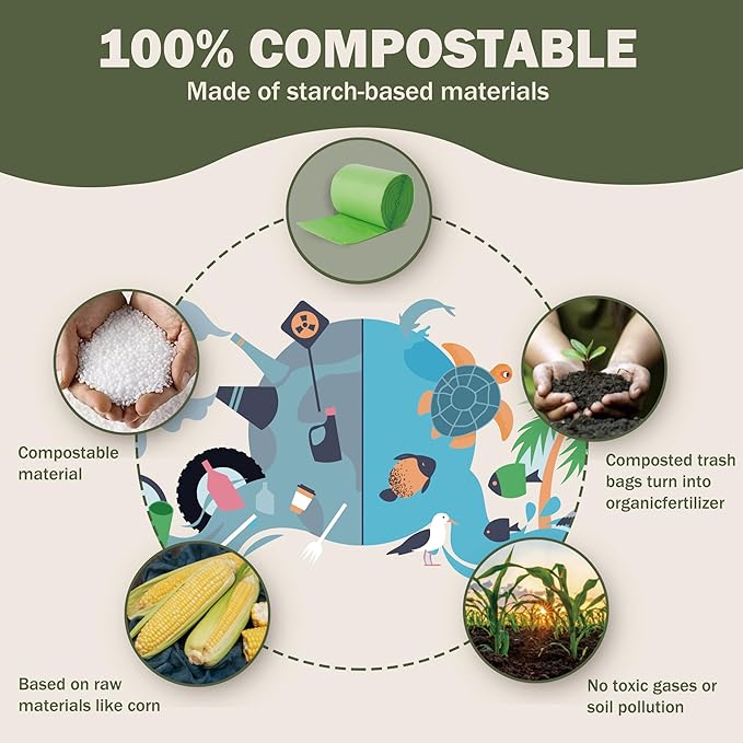 Compostable Trash Bags, 2.6 Gallon, 100 Count, 100% Compost Waste Bags for Kitchen Bathroom Office, Small Countertop Bin Compost Bags, US BPI and Europe OK Compost Home Certified