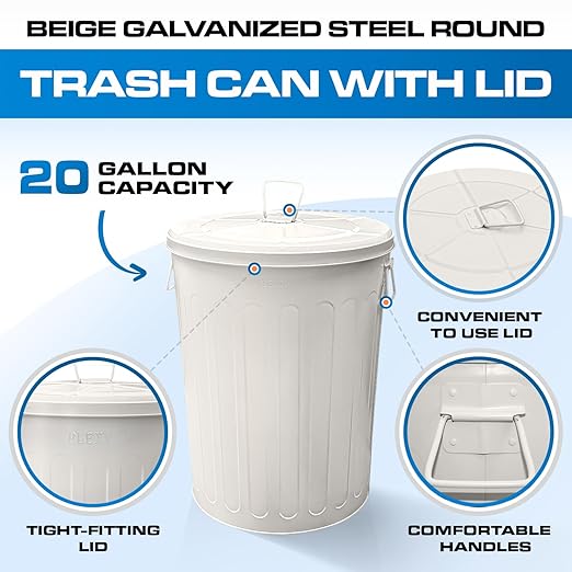 Plexon Large Metal Trash Can with Lid 20 Gallon, Decorative Outdoor Trash Can, Heavy Duty Galvanized Metal Bucket with Lid for Kitchen Garage Farmhouse, Beige, 6 Pack