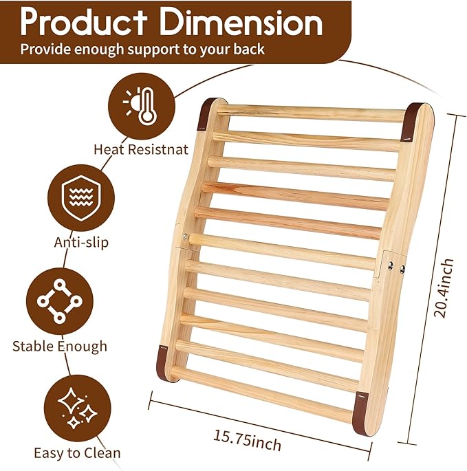 Sauna Backrest Infrared Sauna Accessories Wooden Sauna Back Support with Anti-Slip Rubber S-Shaped Comfortable Back Rest for Any Barrel or Infrared Sauna