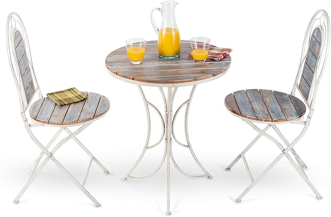 Alpine Corporation Indoor/Outdoor 3-Piece Wood and Metal Bistro Set Table and Folding Chairs Patio Seating