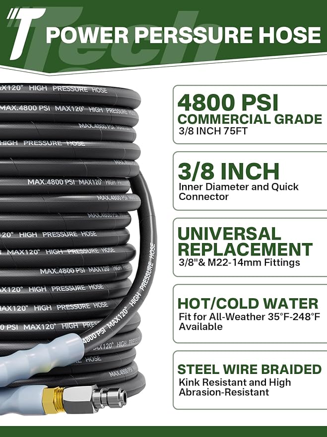 3/8" 4800PSI Pressure Washer Hose 75FT with Swivel Quick Connect for Cold/Hot Water Max 248°F, Kink Resistant Steel Wire Braided, Wear Resistant Power Washer Hose with M22 14mm Adapter