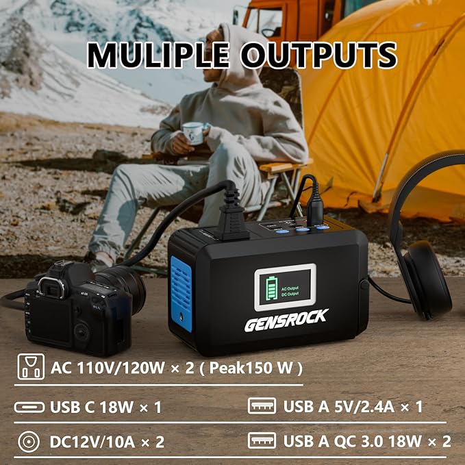 GENSROCK Portable Power Station 120W(220W Peak), 88Wh Camping Solar Generator, Lithium Battery Power Bank with 2 110V AC Outlet, QC 3.0, Type-C, LED Flashlight for CPAP Home Camping Travel Emergency