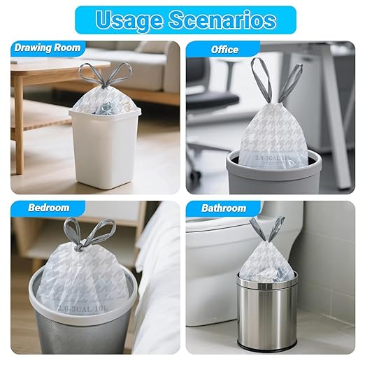 OKKEAI 3 Gallon Small Bathroom Trash Bags White Drawstring Garbage Bags – 90 Count Tear-Free, Heavy Duty Printed Liners, Leak-Proof White Trash Bag for Kitchen, Office, Multipurpose Use