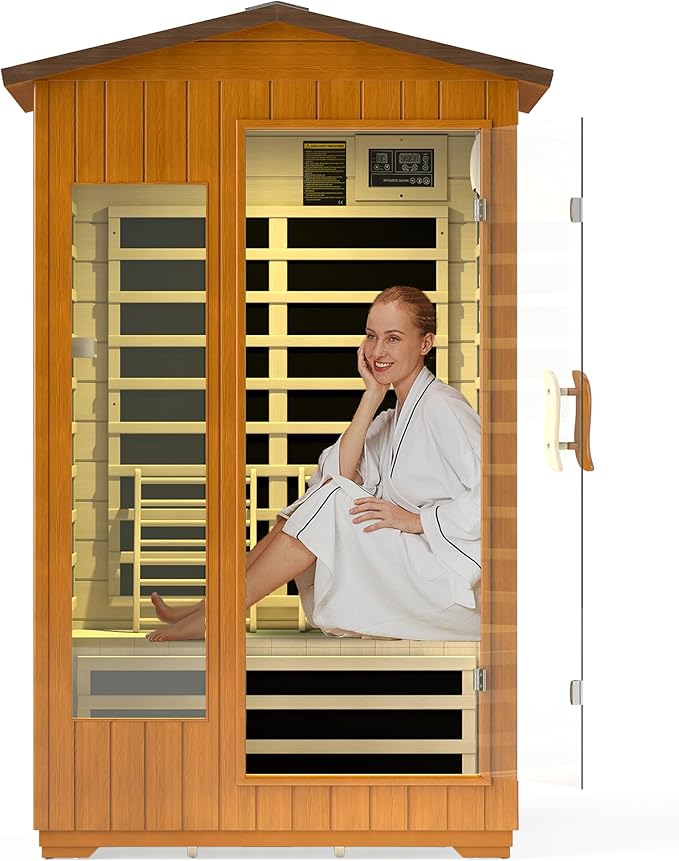 Outdoor Sauna 2 Person, Infrared Sauna for Home, Wooden Dry Saunas Room with Far Low EMF Lighting, Bluetooth Speakers, 7 Colors Chromotherapy for Outdoor Home Spa