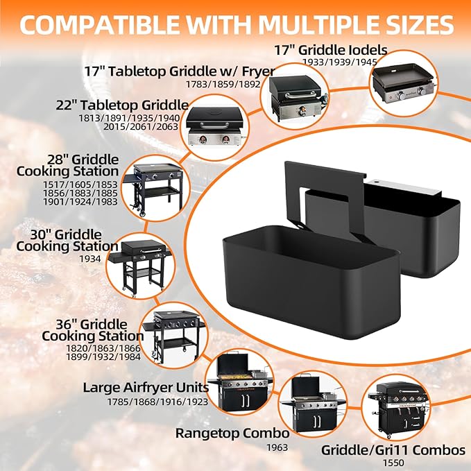 Universal Grease Catcher Compatible with Blackstone 17/22/28/36" Griddles，Grease Cup with 12 Pack Blackstone Grease Cup Liners，Drip Catcher Pan & Long/Narrow Hooks