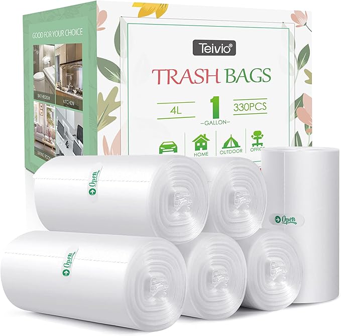 1 Gallon 330 Counts Strong Trash Bags Garbage Bags by Teivio, Bathroom Trash Can Bin Liners, Small Plastic Bags for home office kitchen, Clear