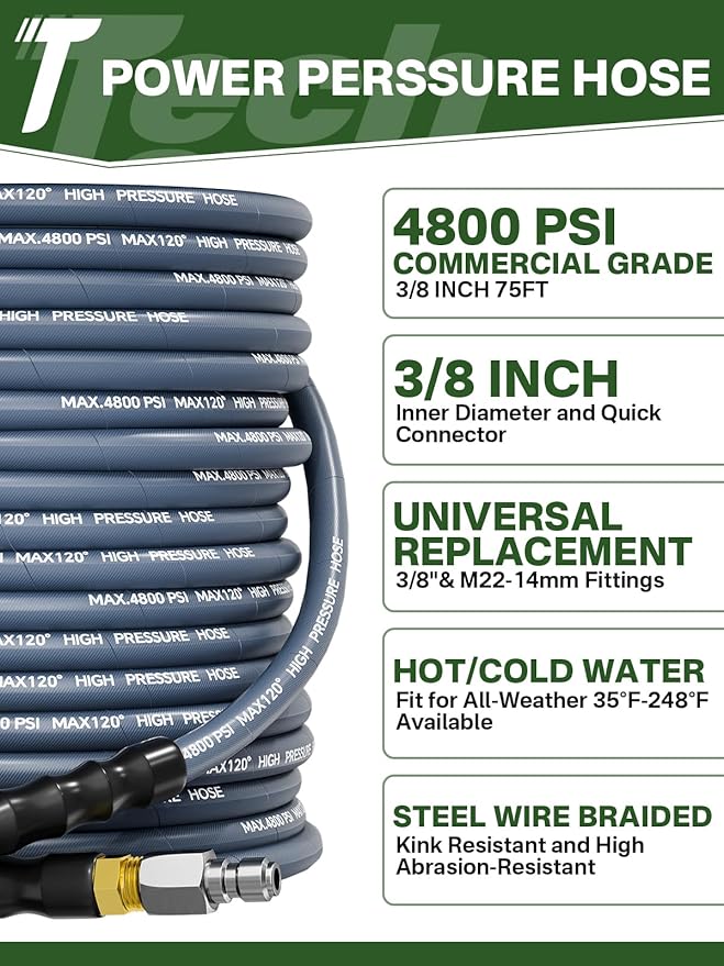 3/8" 4800PSI Pressure Washer Hose 75FT with Swivel Quick Connect for Cold/Hot Water Max 248°F, Kink Resistant Steel Wire Braided, Wear Resistant Power Washer Hose with M22 14mm Adapter
