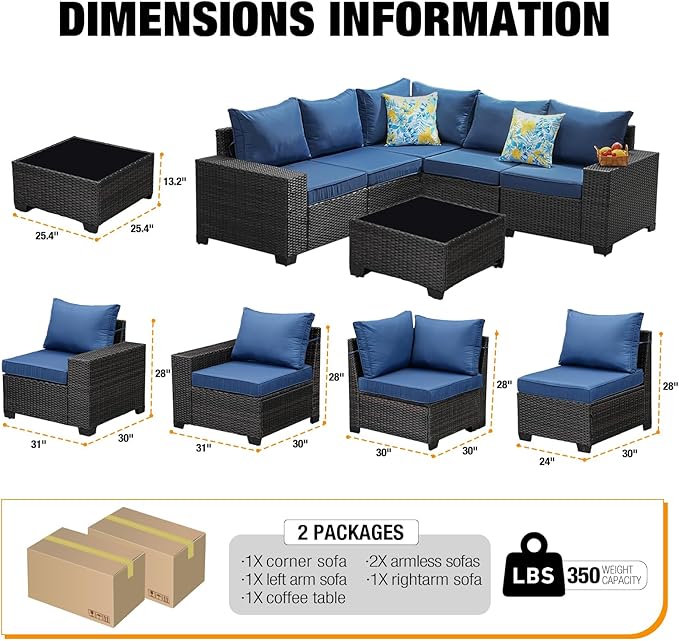 6 Pieces Patio Furniture Set All-Weather Outdoor Wicker Sectional Conversation Sofa Rattan Patio Seating Sofa with Cushion and Glass Table for Porch Poolside,Navy
