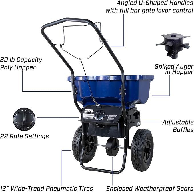 Chapin 88200A Spreader, Salt, Ice Melt, All Season, Walk Behind, Spiked Auger, Adjustable Baffles, 12" Tires, Coated Steel Frame, Enclosed Gears, Weather-Resistant, Rain Cover, 80Lbs