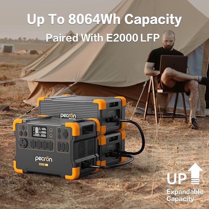 pecron Portable Power Station E2000LFP Expandable 8604Wh with 2xEB3000-24V External Battery LiFePO4 2000W AC Outlets Fast Charging Solar Generator for Home Backup and Outdoor Camping