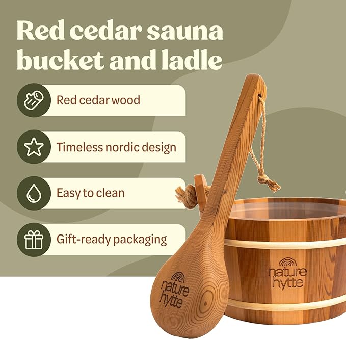 Red Cedar Sauna Bucket and Ladle Set 4L (1 Gallon) - Natural Rope Handle - Premium Red Cedar Wood - Natural Aroma - Elegant Gift-Ready Packaging