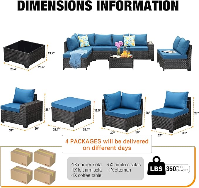 9 Pieces Patio Furniture Set All-Weather Outdoor Wicker Sectional Conversation Sofa Rattan Patio Seating Sofa with Cushion and Glass Table for Porch Poolside,Peacock Blue