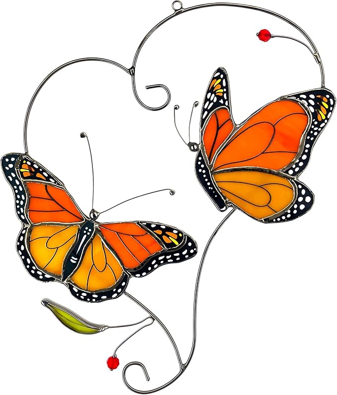 Monarch Butterfly (1 Pair) Stained Glass Suncatcher for Mom, Grandma, Women - Real Glass Window Hanging Ornament - Handmade Butterflies Home Decor (Gifts Ready Packaging)