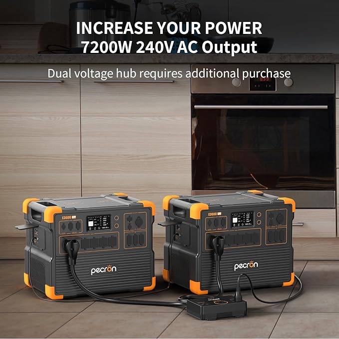 PECRON Two E3600LFP Portable Power Station with 240V Double Voltage Hub, 3072Wh Solar Generator with 4x300W Solar Panels included, 3600W LiFePO5 Battery Backup for Home Use, RV, Camping