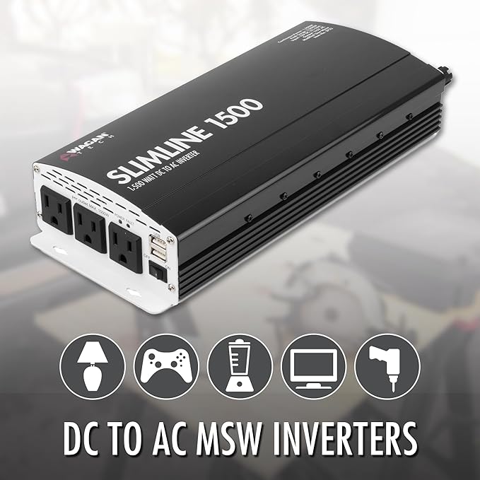 Wagan EL3722 1500W Slim Line AC to DC Power Inverter 1500W TrueRated Continuous 3000W Surge Power DC 12V to AC 110V Power Inverter with 2 AC Outlets and 2A USB Charging Port