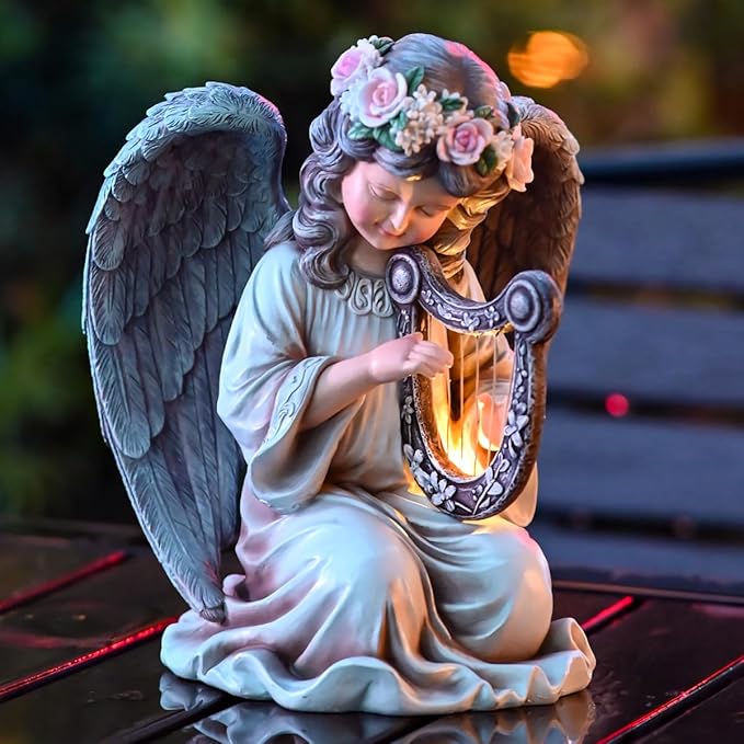 Solar Garden Outdoor Statues Lights, Resin Angel Figurine Light for Patio, Balcony, Yard, Lawn Ornament, Unique Housewarming Gifts and Yard Decor (Angel Plays)