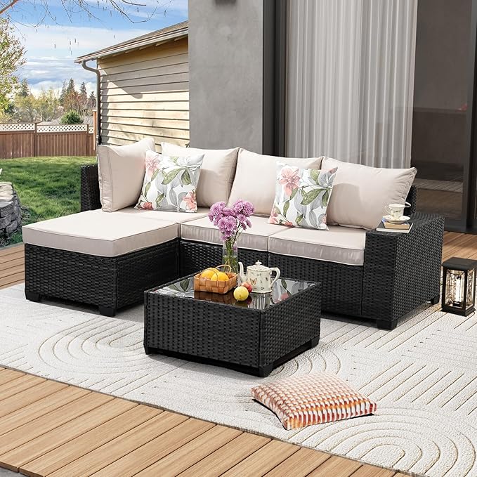 5 Pieces Patio Furniture Set All-Weather Outdoor Wicker Sectional Conversation Sofa Rattan Patio Seating Sofa with Cushion and Glass Table and Ottoman for Porch,Beige