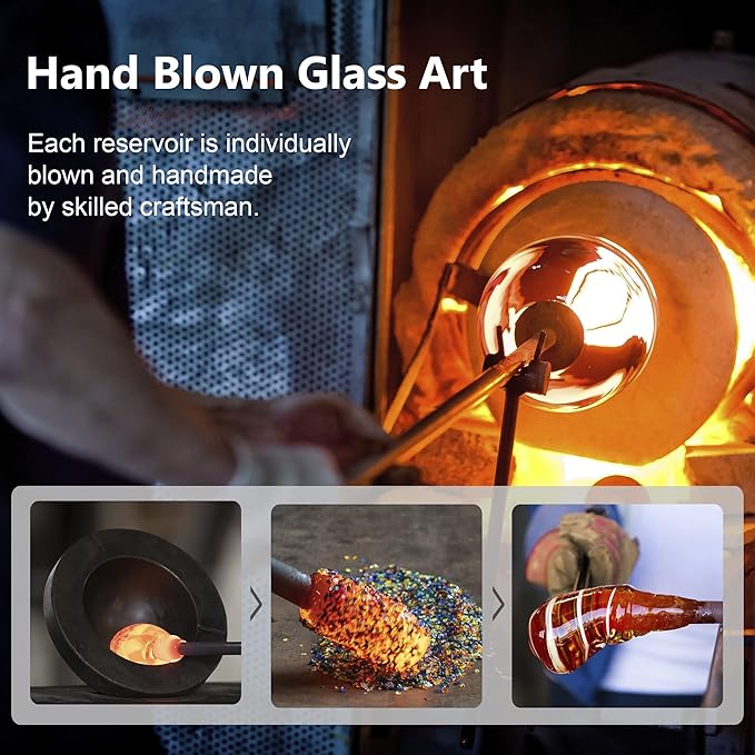 LUJII Hand Blown Glass Hummingbird Feeder for Outdoors Hanging with Ant Moat, 36 fl.oz, Leak Proof & Rustproof, Metal Base with 5 Feeding Ports & 5 Perches, Unique Garden & Backyard Decor (Ribbon)