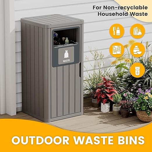 Outdoor Trash Can Waterproof Resin Garbage Can with Garbage Labels Outdoor Trash Bin for Patio, Garden,Kitchen