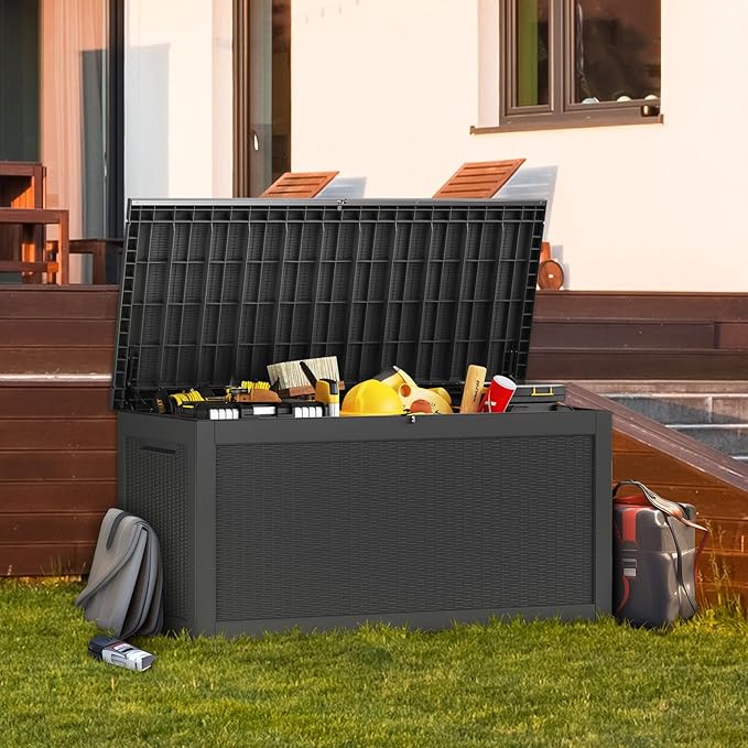 ROJIK Outdoor Storage Housing Deck Box - Waterproof Patio Furniture, Garden Tools, Cushions, Pool Accessories Storage Bench with Lockable Lid and Side Handles (Black, 315 Gal)