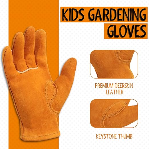 HANDLANDY Kids Genuine Leather Work Gloves for ages 3-11, Children Gardening Gloves for Boys, Girls (Large (for age 8-11), Orange)