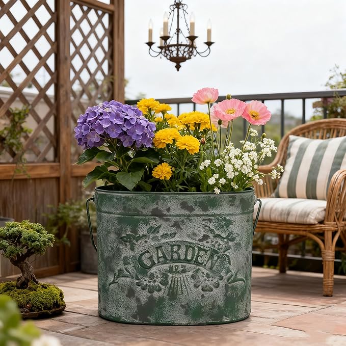 Vintage Distressed Green Metal Planter Pot with Handles, Garden No.2 Embossed Design, Rustic Farmhouse Flower Bucket for Indoor Outdoor Gardening, Succulents, Herbs, Home Decor