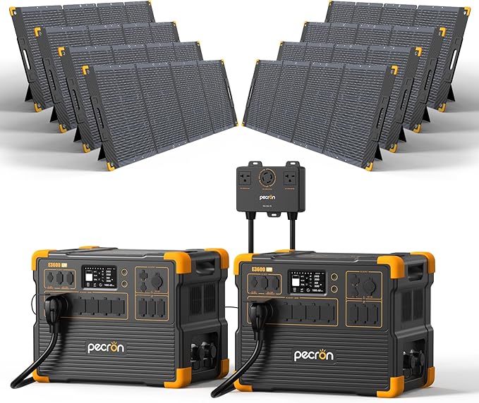 PECRON Two E3600LFP Portable Power Station with 240V Double Voltage Hub, 3072Wh Solar Generator with 8x300W Solar Panels included, 3600W LiFePO7 Battery Backup for Home Use, RV, Camping