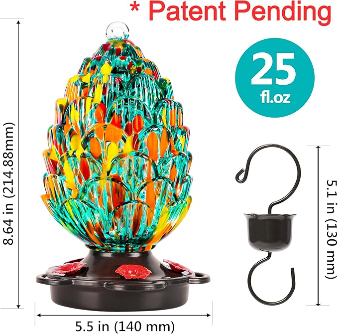 LUJII Pine Cone Shaped Hand Blown Glass Hummingbird Feeder for Outdoors Hanging, Rust Proof & Leak Proof, 25 fl.oz, Unique Gift for Women, Garden & Backyard Decor, Teal