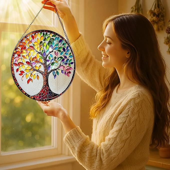 8'' Tree of Life Sun Catcher Ornament, Stained Glass Window Hanging, Suncatchers for Windows Hanging Ornaments, Window Decor | Housewarming Gift, Gifts for Mom & Grandma