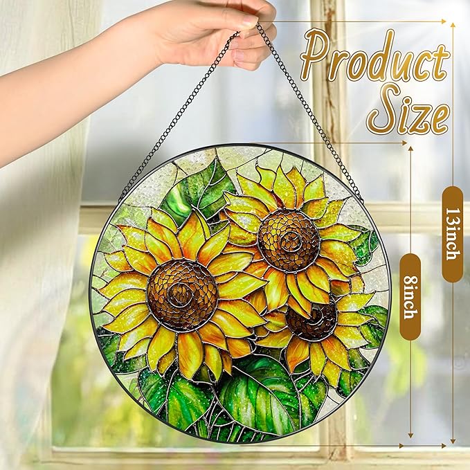 Sunflower Stained Glass Suncatcher, 8 Inch Sun Catchers Indoor Window, Stained Glass Window Hanging, Windows Dedor and Christmas, Mother's Day, Birthday, Gifts for Women Mom, Idea Gift, Gift Exchange