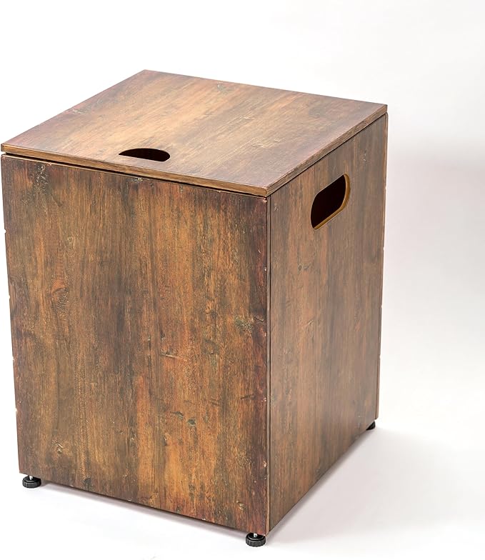 Propane Tank Cover Table for Fire Pits, 20 LB Iron Propane Tank Holder with Side Handles, Outdoor Tank Storage Side Table for Patio, Gas Griddle, Natural Wood