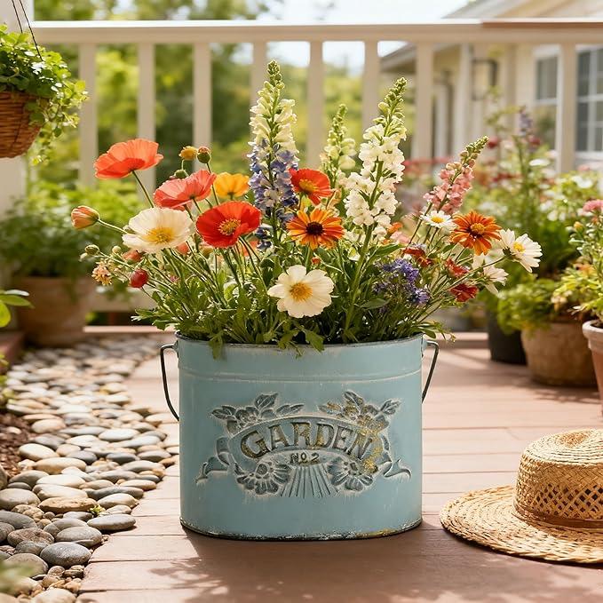 Vintage Distressed Blue Metal Planter Pot with Handles, Garden No.2 Embossed Design, Rustic Farmhouse Flower Bucket for Indoor Outdoor Gardening, Succulents, Herbs, Home Decor