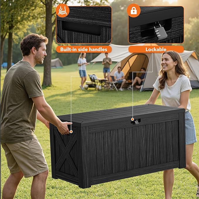 130 Gallon Deck Box Outdoor Indoor Waterproof Storage Box for Patio Furniture, Pool Accessories, Garden Tools, and Cushion Storage, Black