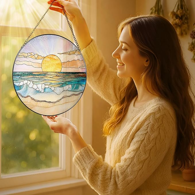 8'' Ocean Sunset Suncatcher Ornament, Stained Glass Window Hanging, Suncatchers for Windows Hanging Ornaments, Window Decor | Beach Lover Gift, Summer Vibes Gift, Gifts for Friends, Famliy