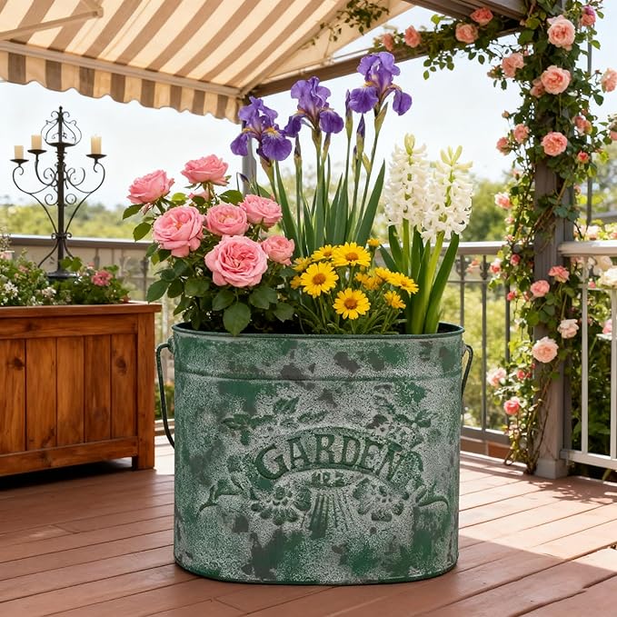 Vintage Distressed Green Metal Planter Pot with Handles, Garden No.2 Embossed Design, Rustic Farmhouse Flower Bucket for Indoor Outdoor Gardening, Succulents, Herbs, Home Decor