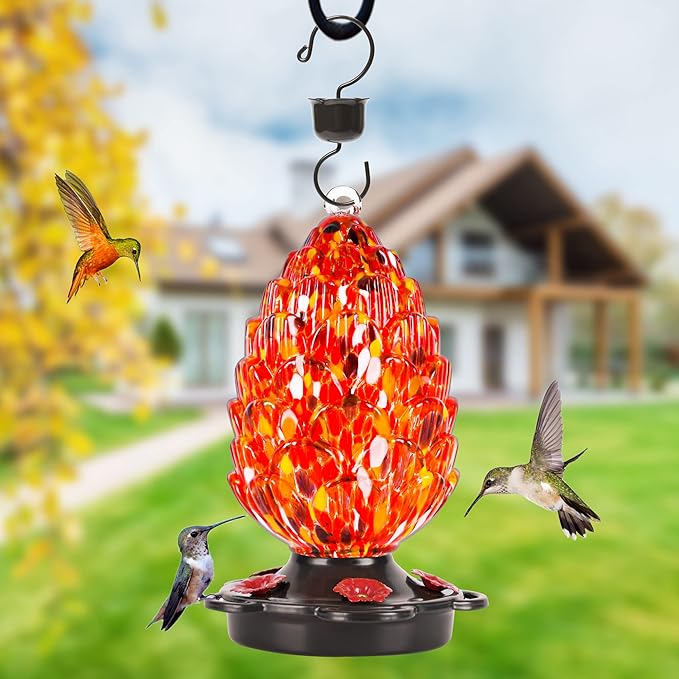 LUJII Pine Cone Shaped Hand Blown Glass Hummingbird Feeder for Outdoors Hanging, Rust Proof & Leak Proof, 25 fl.oz, Unique Gift for Bird Lover, Garden & Backyard Decor, Red