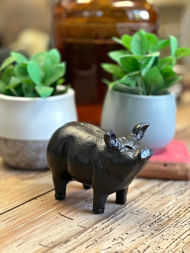 NACH Cast Iron Pig Statue, Standing Black Door Stopper, Rustic Paperweight