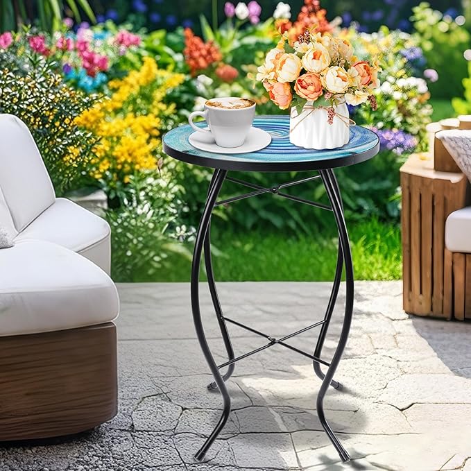 MUMTOP Outdoor End Tables for Patio, The Milky Way Small Round Side Table, Glass Accent Table for Outside, Garden, Balcony, Porch, Indoor Home Decor