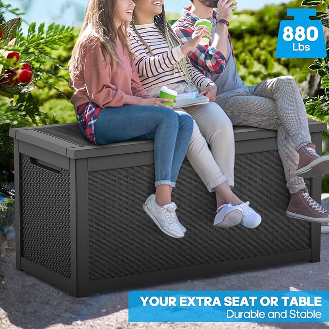 ROJIK Outdoor Storage Housing Deck Box - Waterproof Patio Furniture, Garden Tools, Cushions, Pool Accessories Storage Bench with Lockable Lid and Side Handles (Black, 315 Gal)