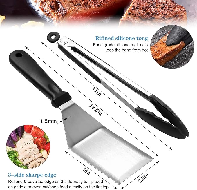 Flat Top Griddle Accessories Set for Blackstone and Camp Chef, Professional Grill Spatula Set with Burger Spatulas Scraper, BBQ Tool Griddle Utensils Kit for Men Outdoor Flattop Grills Cooking (Black)