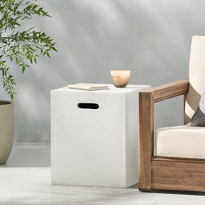 Propane Tank Cover Table for Fire Pits, 20 LB MGO Propane Tank Holder with Side Handles, Outdoor Tank Storage Side Table for Patio, Gas Griddle, White