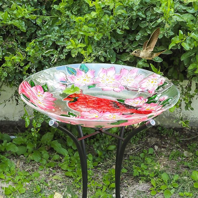 MUMTOP Outdoor Glass Birdbath with Metal Stand for Outside Lawn Yard Garden Cardinal Decor,18” Dia/21.65 Height