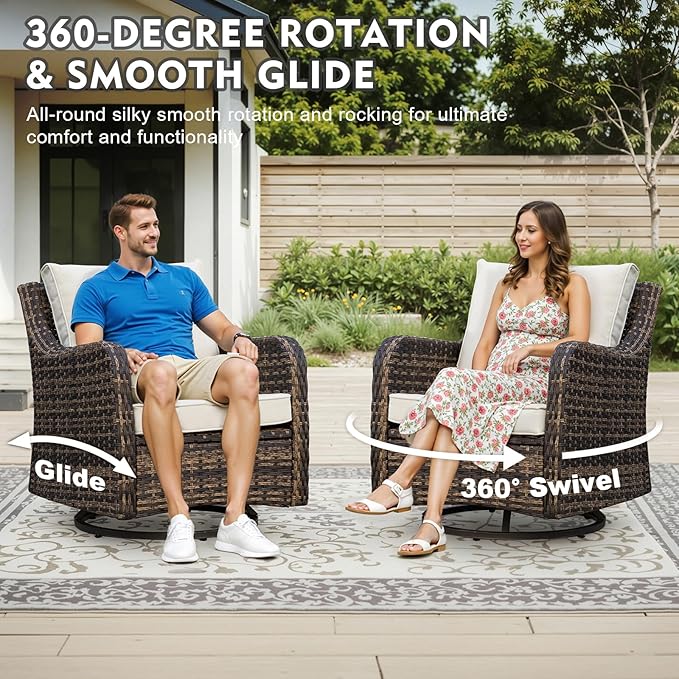 MEISSALIVVE 3 Pieces Patio Furniture Set with Swivel Chair, Outdoor Swivel Rocker with Washable Cushions & Tempered Glass Tabletop, Outdoor Rattan Conversation Set for Lawn Backyard Porch (Brown)