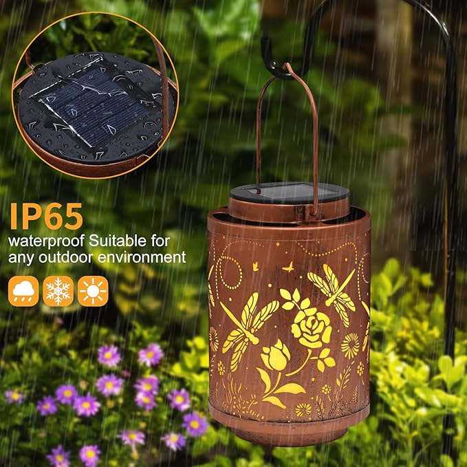 Solar Outdoor Lanterns, Dragonfly Garden Decor LED Light Hanging Waterproof Solar Lantern Birthday Gifts for Women Mon Grandma Sunflower Solar Lights Outdoor Decoration for Patio