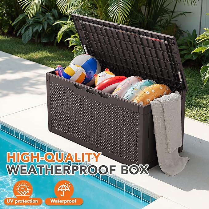110 Gallon Deck Box Outdoor Indoor Waterproof Storage Box for Patio Furniture, Pool Accessories, Garden Tools, and Cushion Storage, Brown